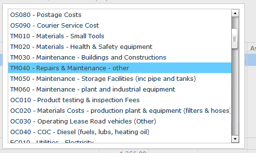 Cost Account selection