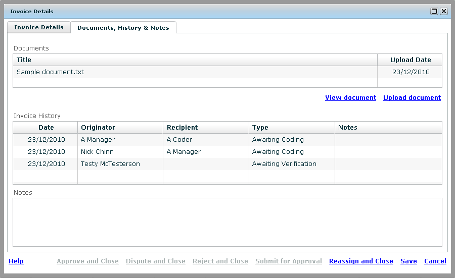 Invoice Details Documents History Notes tab