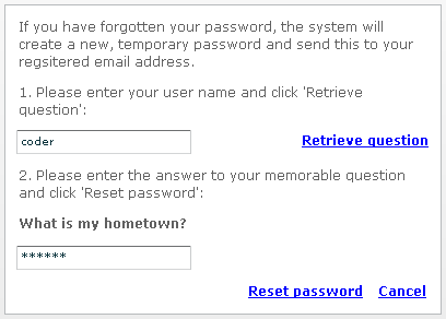 Reset Password page