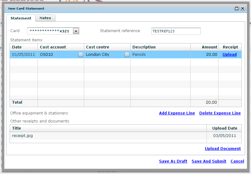 New card statement page