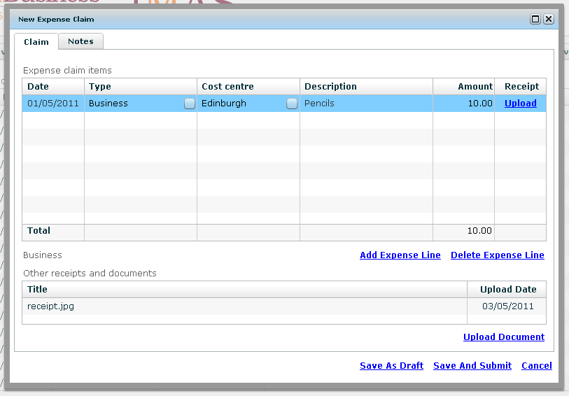 New expense claim page
